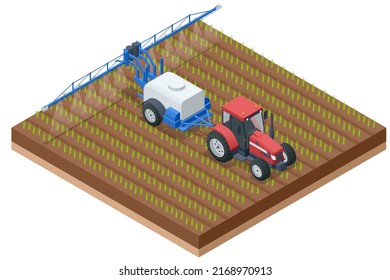 Isometric Tractor spraying pesticides on field. Insecticide herbicide chemicals in agriculture field