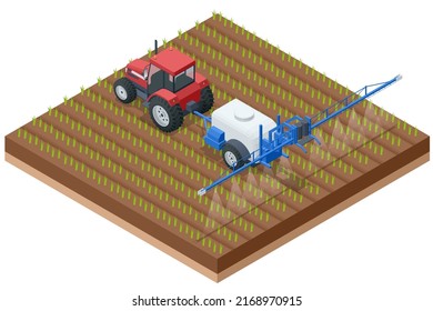 Isometric Tractor spraying pesticides on field. Insecticide herbicide chemicals in agriculture field