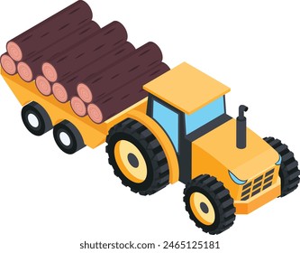 Isometric tractor with stack of logs on its trailer.