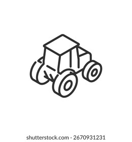 Tractor isométrico girando a la derecha, icono lineal. Maquinaria agrícola o vehículo de maniobras. Línea con trazo editable.