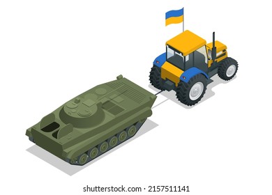 Isometric tractor with Ukrainian flag pulls a russian BMP or tank. Ukrainian in war. Russia is the aggressor.