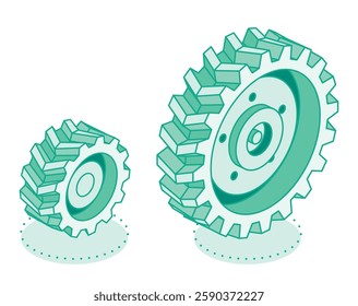 Isometric tractor wheel. Big and small size. Vector illustration. Icon isolated on white background. Heavy duty truck wheel. Outline style.