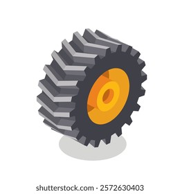 Isometric tractor wheel. Vector illustration. Icon isolated on white background. Heavy duty truck wheel.