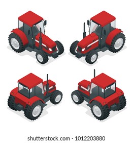 Isometric Tractor works in a field. Agriculture machinery. Plowing in the field. Heavy agricultural machinery for fieldwork. Vector illustration.