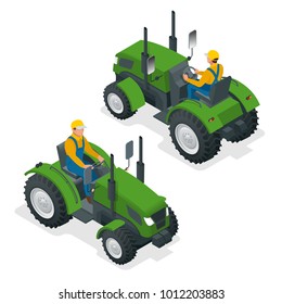 Isometric Tractor works in a field. Agriculture machinery. Plowing in the field. Heavy agricultural machinery for fieldwork. Vector illustration.