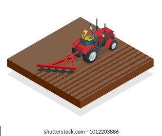 Isometric Tractor works in a field. Agriculture machinery. Plowing in the field. Heavy agricultural machinery for fieldwork. Vector illustration.