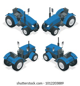 Isometric Tractor works in a field. Agriculture machinery. Plowing in the field. Heavy agricultural machinery for fieldwork. Vector illustration.