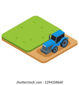 Isometric Tractor works in a field. Agriculture machinery. Plowing in the field. Heavy agricultural machinery for fieldwork. Vector illustration.