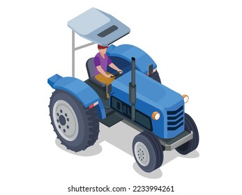 Isometric Tractor works in a field, Agriculture machinery. Heavy agricultural machinery for fieldwork