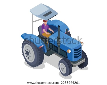 Isometric Tractor works in a field, Agriculture machinery. Heavy agricultural machinery for fieldwork