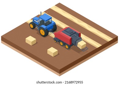 Isometric Tractors Mowing, Raking, Baling Hay. Hay Stacks After Harvesting Grain Crops. Tractor With Yellow Big Square Baler.