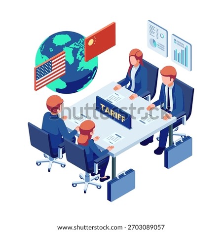 Isometric Trade War Tariff Negotiations Table. Tariff Negotiation Table During Trade War Concept