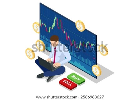 Isometric of a trader sitting on a laptop with a large financial screen showing stock market graphs and Buy Sell buttons. Stock trading, cryptocurrency, forex, investment.