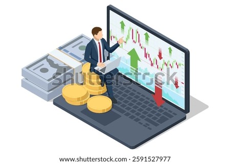 Isometric of a trader sitting on a laptop with a large financial screen showing stock market graphs and Buy Sell buttons. Stock trading, cryptocurrency, forex, investment.