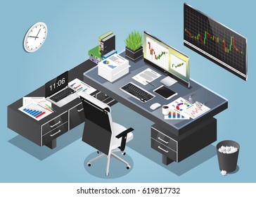 Isometric trader working place concept illustration