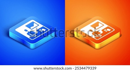 Isometric Trading courses icon isolated on blue and orange background. Distance learning finance management, buying and selling assets in the stock markets. Square button. Vector