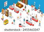 Isometric trading hall in supermarket interior. Products stands and stalls, cash services. Cashier and self service zone, grocery shopping flawless vector scene