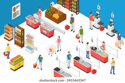 Sala de comercio isométrica en el interior del supermercado. Productos puestos y puestos, servicios de caja. Cajero y zona de autoservicio, tienda de comestibles escena de Vector impecable