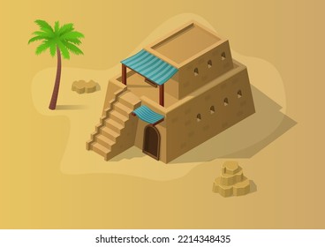 Isometric Traditional Arabic House With Palm Tree And Stone