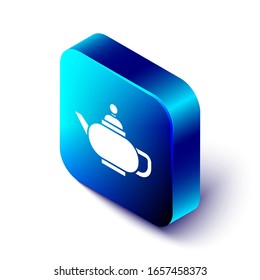 Isometric Traditional Chinese tea ceremony icon isolated on white background. Teapot with cup. Blue square button. Vector Illustration