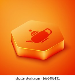 Isometric Traditional Chinese tea ceremony icon isolated on orange background. Teapot with cup. Orange hexagon button. Vector Illustration