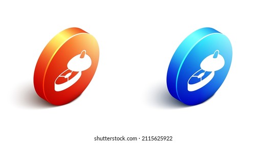 Isometric Traditional Chinese tea ceremony icon isolated on white background. Teapot with cup. Orange and blue circle button. Vector