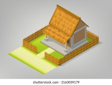 Isometric Traditional House With Brown Fence And Roof