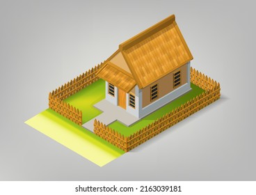 Isometric Traditional House With Brown Fence And Roof