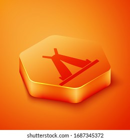 Isometric Traditional indian teepee or wigwam icon isolated on orange background. Indian tent. Orange hexagon button. Vector Illustration