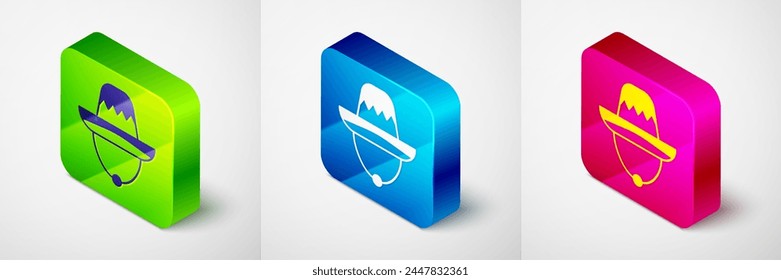 Isometric Traditional mexican sombrero hat icon isolated on grey background. Square button. Vector