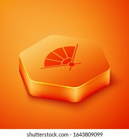 Isometric Traditional paper chinese or japanese folding fan icon isolated on orange background. Orange hexagon button. Vector Illustration