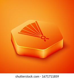 Isometric Traditional paper chinese or japanese folding fan icon isolated on orange background. Orange hexagon button. Vector Illustration