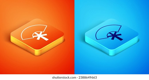Isometric Traditional paper chinese or japanese folding fan icon isolated on orange and blue background.  Vector