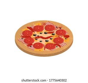 Isometric Traditional Pizza  with tomatoes, mushrooms, olives and salami Vector Illustration