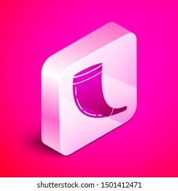 Isometric Traditional ram horn, shofar icon isolated on pink background. Rosh hashanah, jewish New Year holiday traditional symbol. Silver square button. Vector Illustration