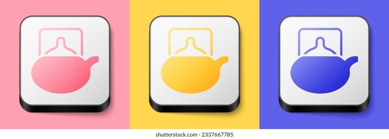 Isometric Traditional tea ceremony icon isolated on pink, yellow and blue background. Teapot with cup. Square button. Vector