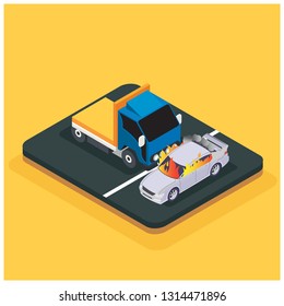 Isometric Traffic Accident involving two vehicles on the road. Car crash template vector flat style. Car crash banner. - Vector 