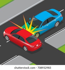 Isometric Traffic Accident involving two vehicles on the road. Car crash template vector flat style. Car crash banner.
