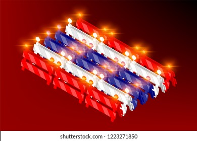 Isometric traffic barriers with light in row, Thailand national flag shape concept design illustration isolated on red gradients background, Editable stroke