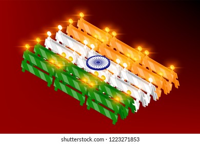 Isometric traffic barriers with light in row, India national flag shape concept design illustration isolated on red gradients background, Editable stroke