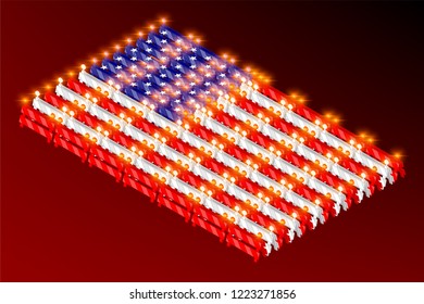 Isometric traffic barriers with light in row, United States national flag shape concept design illustration isolated on red gradients background, Editable stroke