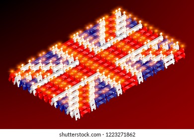 Isometric traffic barriers with light in row, United Kingdom national flag shape concept design illustration isolated on red gradients background, Editable stroke