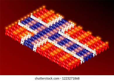 Isometric traffic barriers with light in row, Norway national flag shape concept design illustration isolated on red gradients background, Editable stroke
