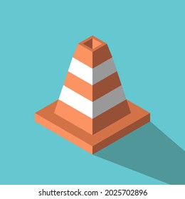 Isometric traffic cone on turquoise blue. Obstacle, boundary, road works, danger, maintenance and transportation concept. Flat design. EPS 8 vector illustration, no transparency, no gradients