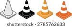 Isometric traffic cones set in various colors and styles graphic icons