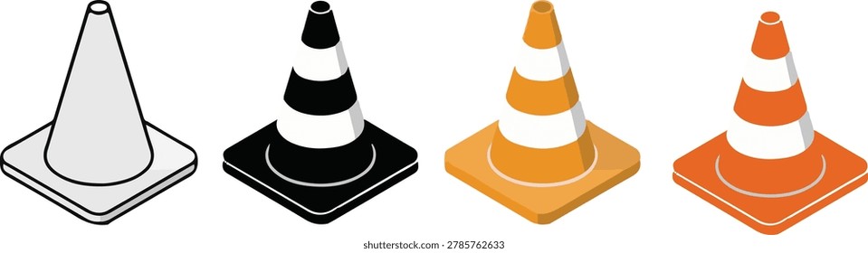 Isometric traffic cones set in various colors and styles graphic icons