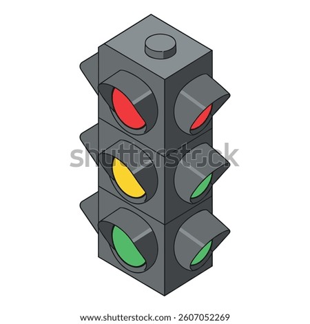 isometric traffic light, green yellow red lights