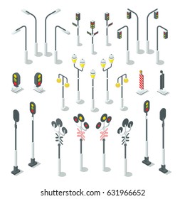 Isometric Traffic Light, Street Lamps. Urban Vector Illustration