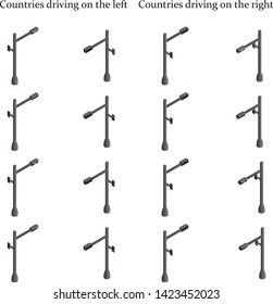 Isometric traffic lights set. Traffic lights set for both left and right side driving countries. Vector.