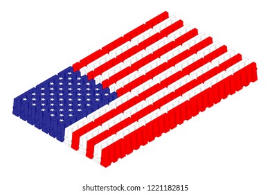 Isometric traffic plastic barriers in row, United States national flag shape concept design illustration isolated on white background, Editable stroke